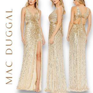 MAC DUGGAL Women’s Sequined Faux Wrap Sleeveless Gown in the Size 10 in Gold
